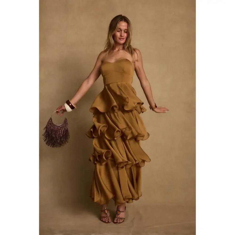 12th Tribe Selene Gold Ruffle Maxi Dress Size SS - Picture 3 of 4